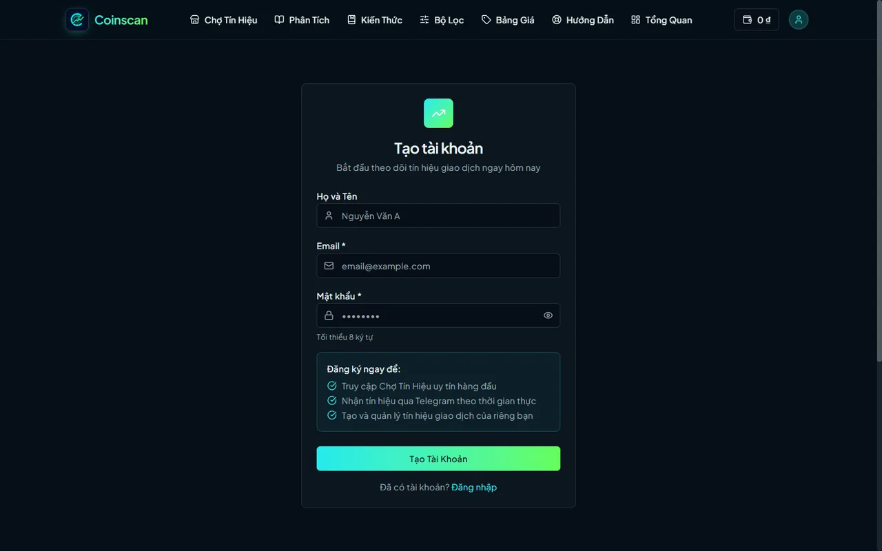 Màn hình đăng ký tài khoản Coinscan