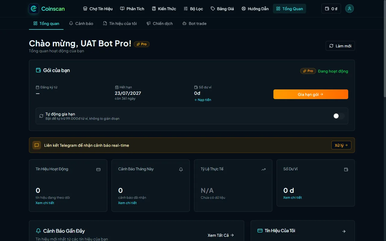 Bảng điều khiển Coinscan với ô Gói của bạn và các ô thống kê